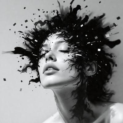 The primary subject of the image is a woman with a black hat and a black and white dress. She is looking upwards, possibly at the camera. The setting is a room with a wall visible in the background. The visual style is a combination of a photo and digital art, creating a unique and artistic representation of the woman. The colors and mood of the image are predominantly black and white, giving it a classic and timeless feel.